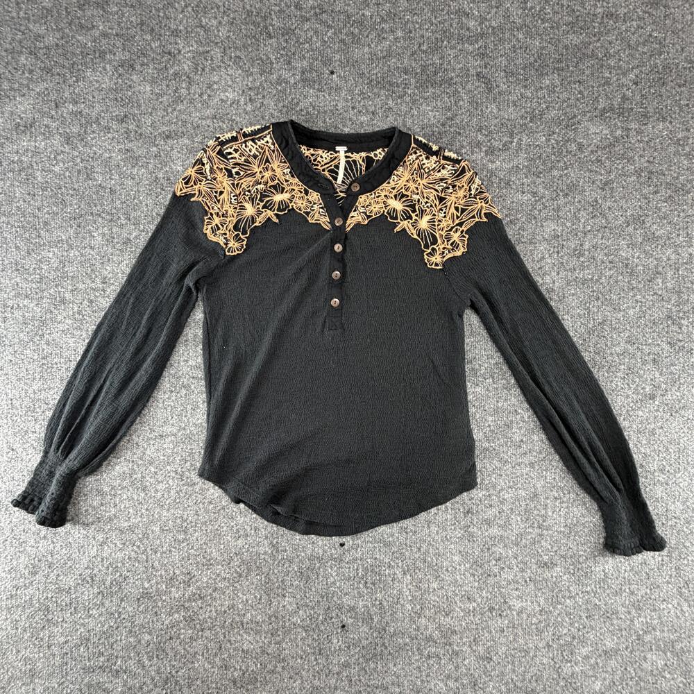 Free People Shirt Womens Medium Black Henley Embroidered Floral Long Sleeve Top
